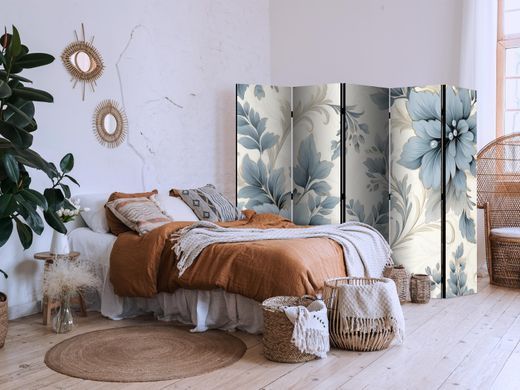 Paravan - Turquoise Flowers in Retro Vibe; Floral Ornaments, Modra, Enostranski