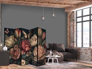 Paravan - Floral Illustration - Magnificent Flower Buds on a Turquoise Background, Crna, Jednostrani