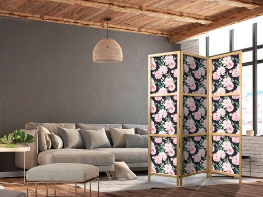 Japanski paravan - Peonies - Pink Flowers and Green Leaves on a Graphite Background, Črna