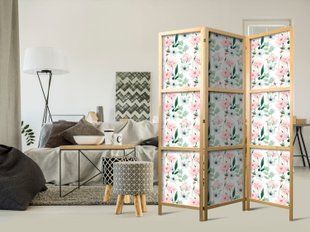 Japanski paravan - Peonies - Pink and White Flowers and Green Leaves on a White Background, Bijela