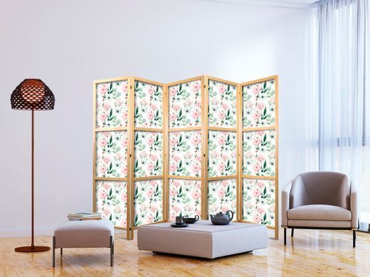 Japanski paravan - Peonies - Pink and White Flowers and Green Leaves on a White Background, Bijela