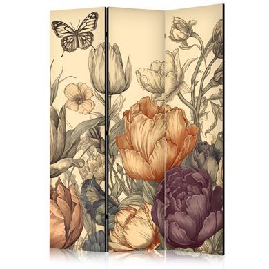 Paravan - Tulips in Cream - Illustration of Flowers and Butterflies on a Light Background, Bež, Jednostrani