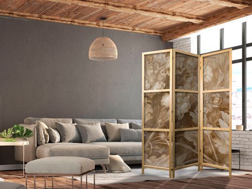 Japanski paravan - Carved Baroque Ornaments - Rich Composition in Sepia Colors, Rjava