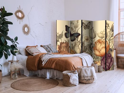 Paravan - Tulips in Cream - Illustration of Flowers and Butterflies on a Light Background, Bež, Enostranski