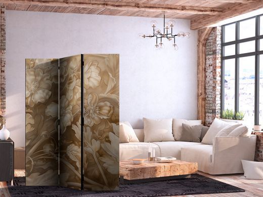 Paravan - Carved Floral Ornaments in Soft Sepia and Brown Tones, Rjava, Enostranski