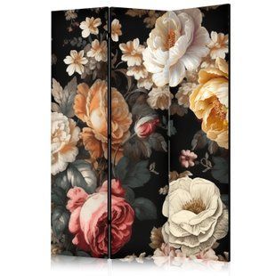 Paravan - Floristry in Vintage Style - a Plethora of Colorful Flowers on a Black Background, Večbarvna, Enostranski