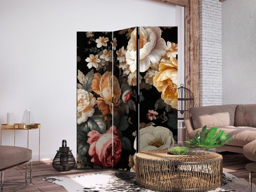Paravan - Floristry in Vintage Style - a Plethora of Colorful Flowers on a Black Background, &Scaron;arena, Jednostrani